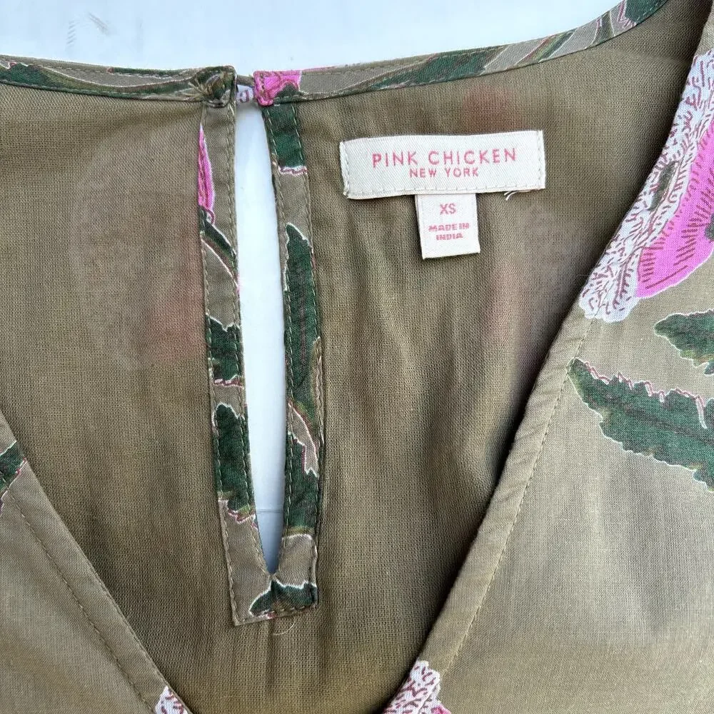 Pink Chicken Floral Tent Mini Dress Ruffle Embellishment Sash Belt Tie Lined XS - Picture 4 of 8